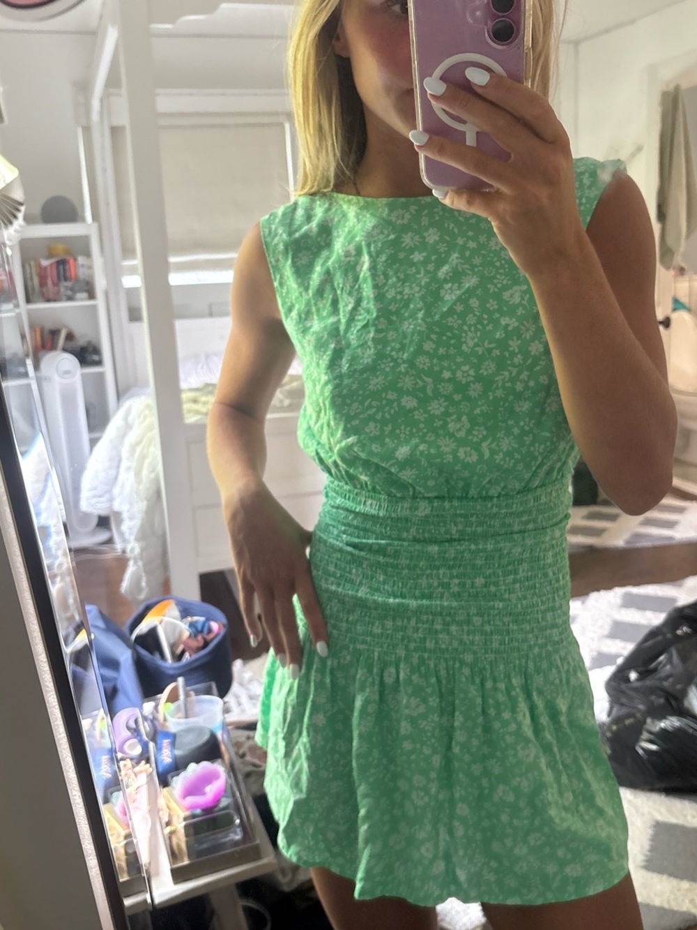 MABLE Green Floral Smocked Waist Mini Dress Open Back